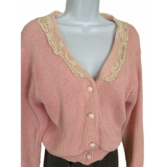 Vintage 80s Lace Collar Coquette Boho Cottage Preppy Pink Cardigan Sweater S - Picture 5 of 8